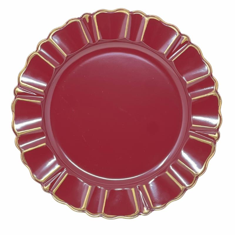 Charger Plates |   13" Burgundy Charger With Scalloped Gold Border Charger Plates Charger Plates