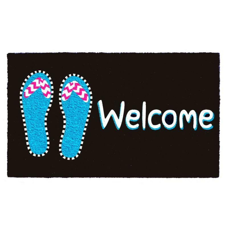 Coir Doormats |   Welcome Flip Flops On Black Doormat Coir Doormats Coir Doormats