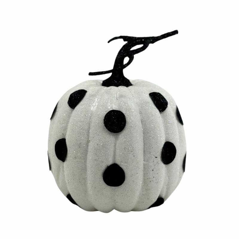 Fall Decor |   6" White Glitter Pumpkin With Black Polka Dots Fall Decor Fall Decor