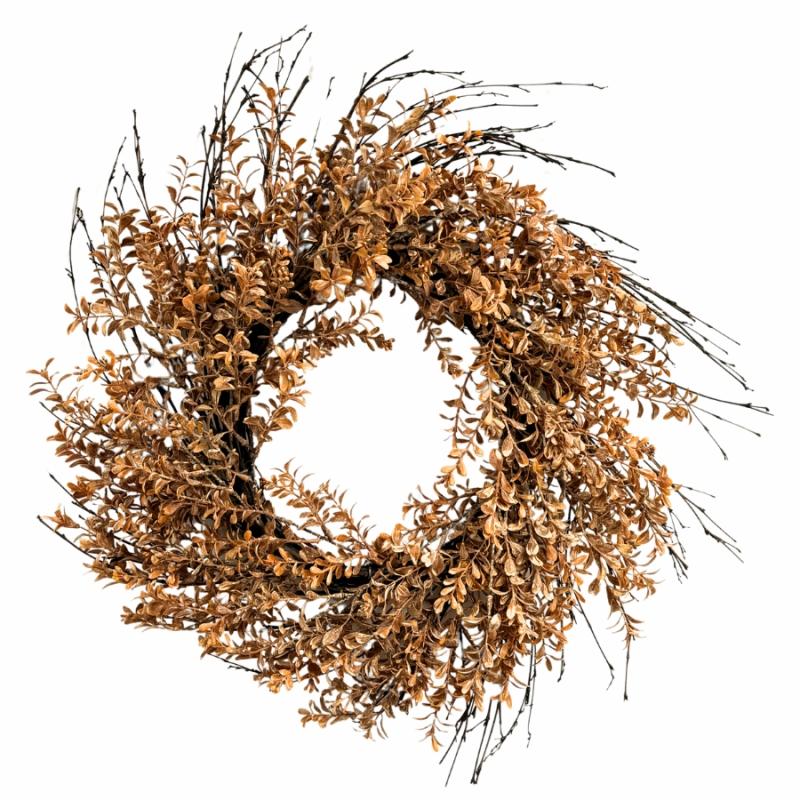 Fall Floral & Crafts |   22" Burnt Orange Boxwood With Twigs Wreath Fall Floral & Crafts Fall Floral & Crafts