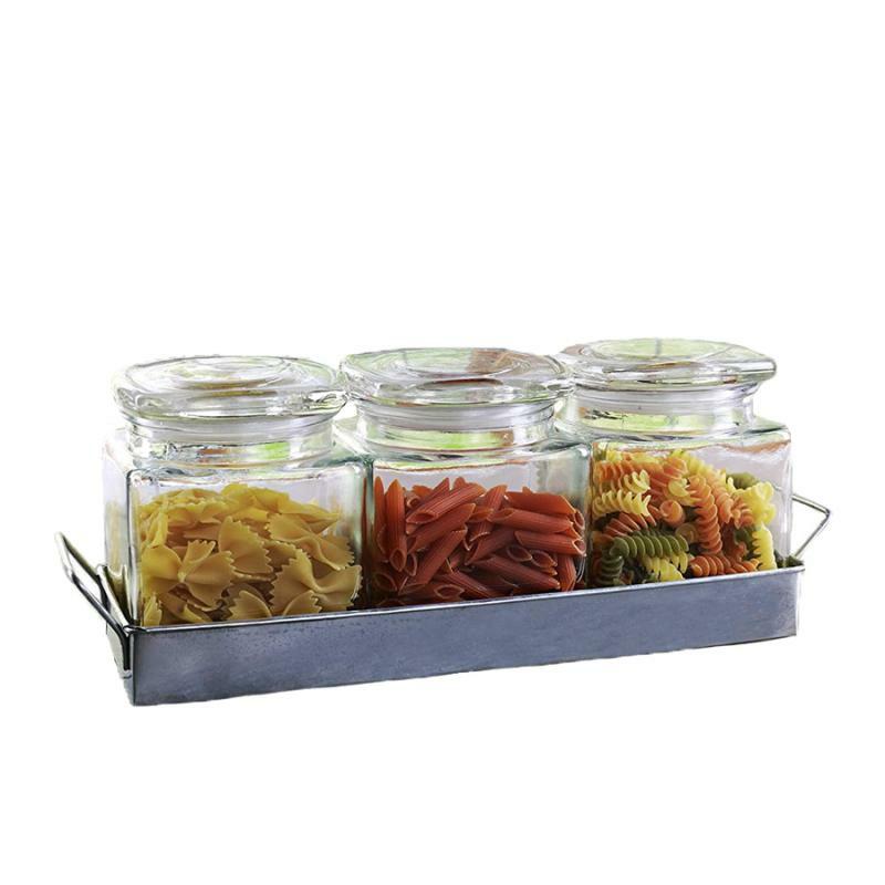 Food Storage & Canisters |   Country Hill 3 Piece Glass Canister Set W/Metal Caddy Food Storage & Canisters Food Storage & Canisters