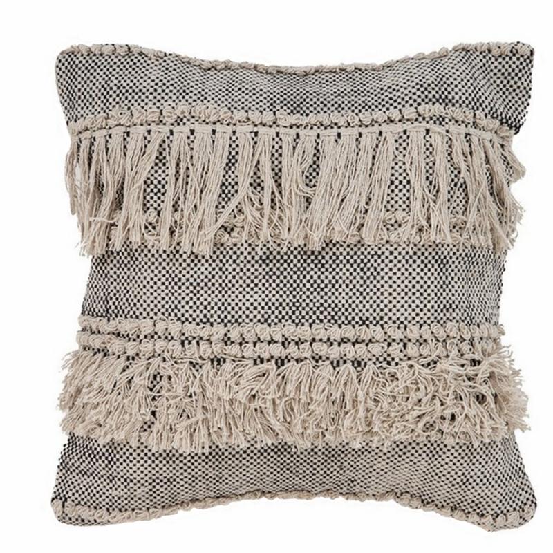 Indoor Pillows |   20" Black And Beige Checkered With Fringe Indoor Pillow Home Accents Indoor Pillows