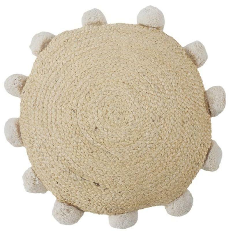 Indoor Pillows |   20" Round Natural Woven Indoor Pillow W/Pompoms Home Accents Indoor Pillows