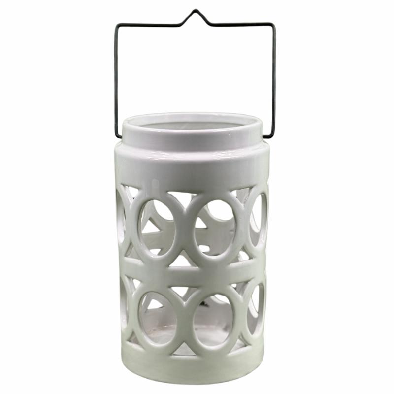 Lanterns |   12" White Ceramic Lantern With Flameless Flickering Candle Lanterns Lanterns