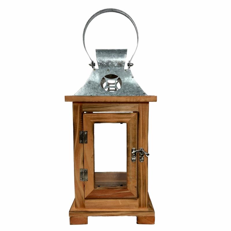 Lanterns |   13.5" Wood Lantern With Galvanized Top- Natural Lanterns Lanterns