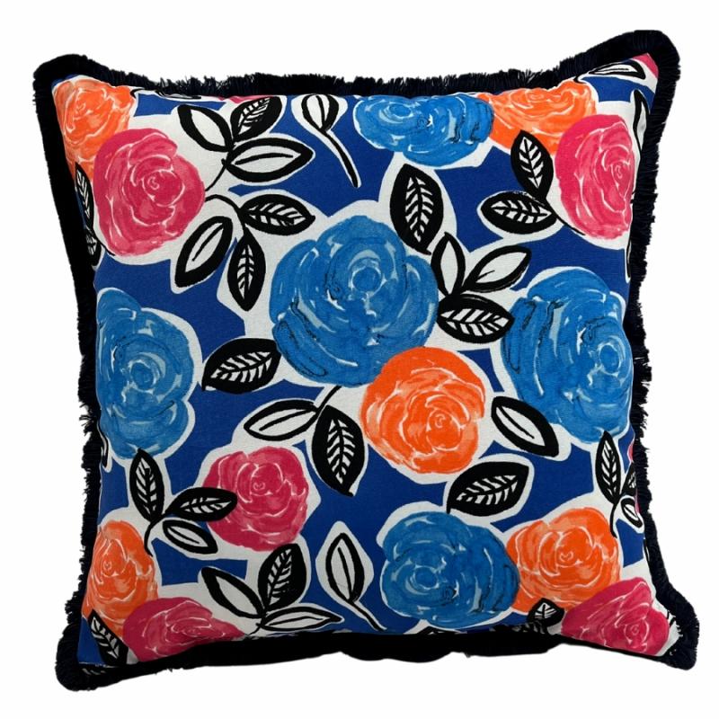 Outdoor Pillows |   17" Pillow Bold Floral Cobalt With Fringe Outdoor Living Outdoor Pillows