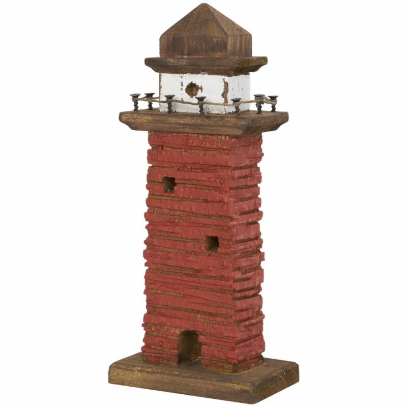 Sculptures & Figurines |   Red Distressed Wood Light House Sculpture Home Accents Sculptures & Figurines