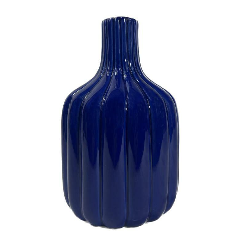 Vases & Urns |   Ceramic Bottle Vase W/Narrow Mouth & Embossed Column Design – Glossy Cobalt Blue Home Decor Vases & Urns