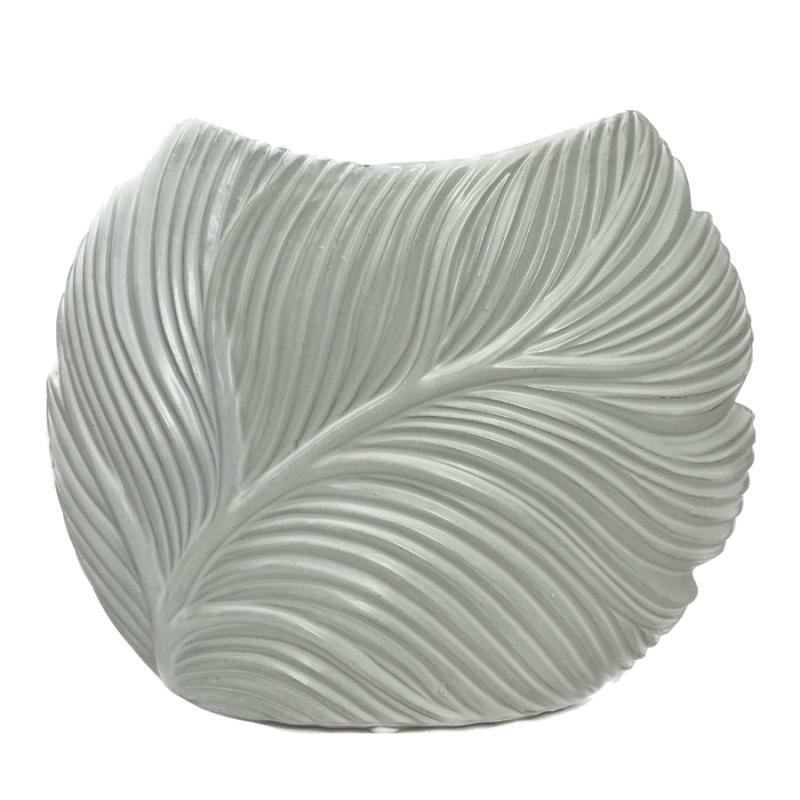 Vases & Urns |   Ceramic Oval Vase W/Embossed Tropical Leaf Body – White Matte Finish Home Decor Vases & Urns