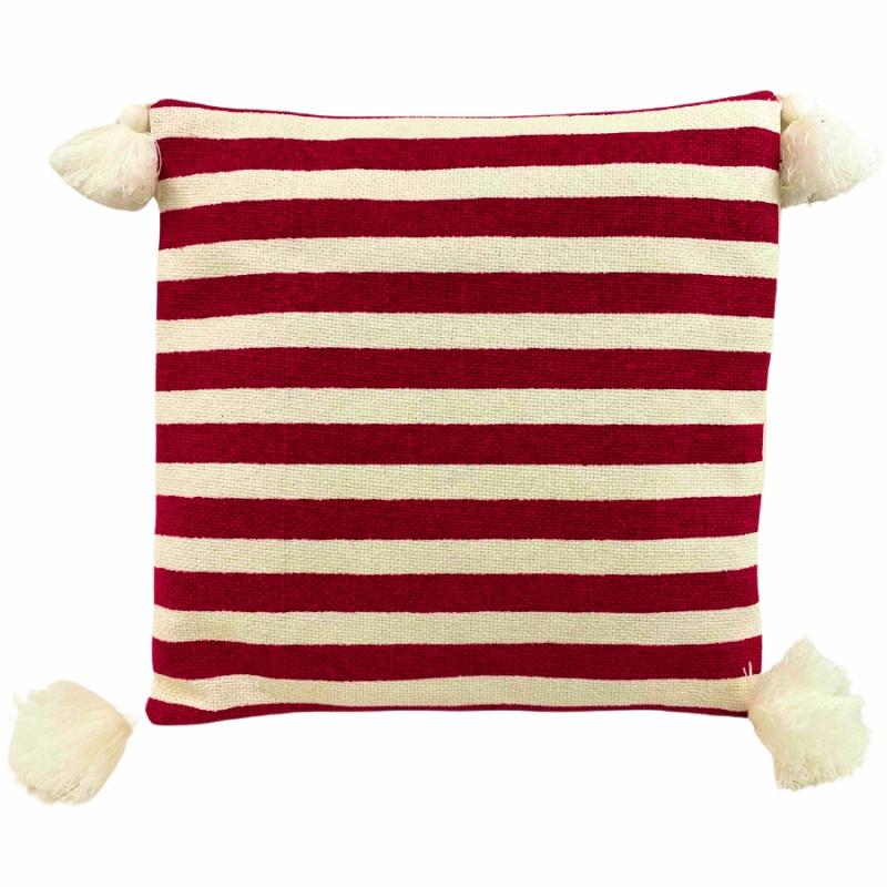 Indoor Pillows |   16" X 16" Red And White Striped Pillow W/ Tassels Home Accents Indoor Pillows